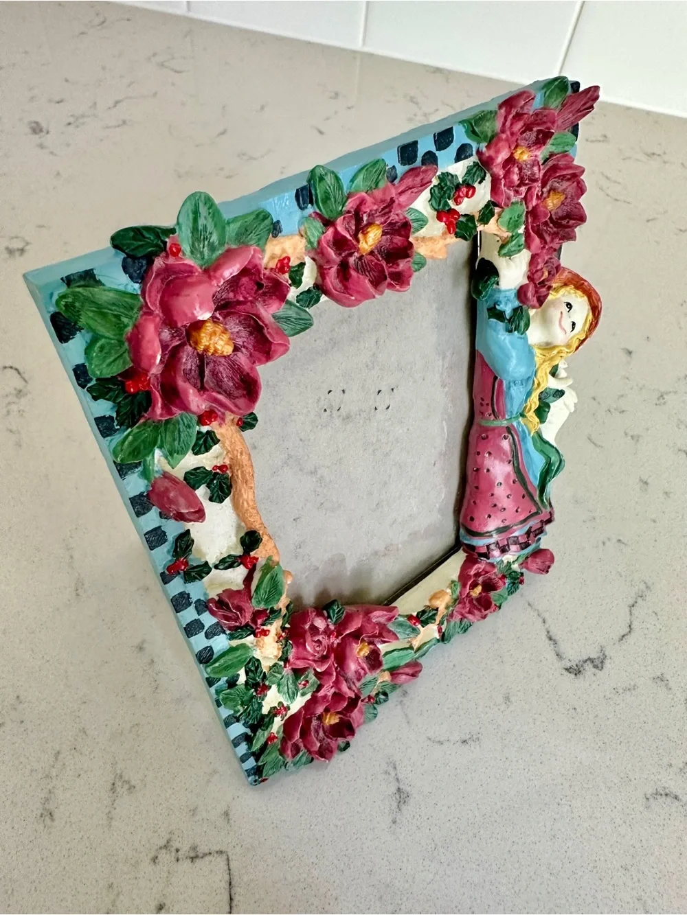 Vintage Pink Floral Angel Picture Frame with Blue Accents